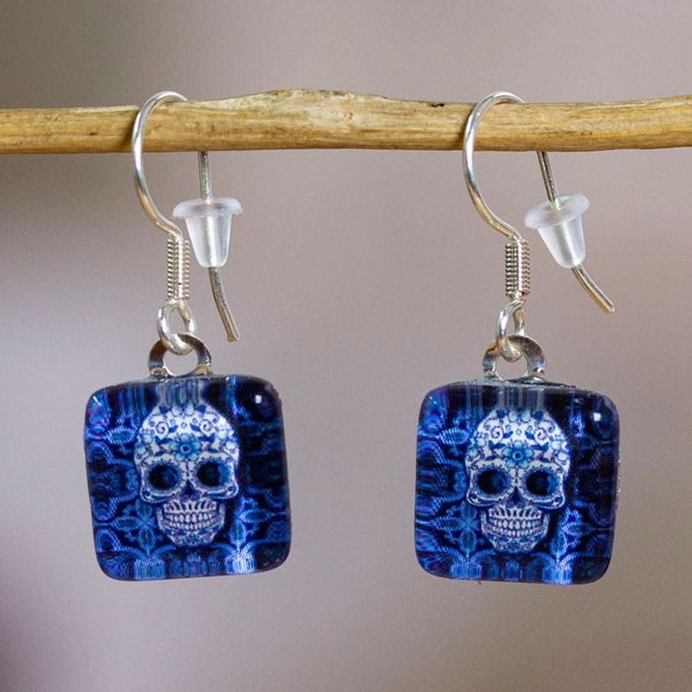 Decoupage on Glass Dangle Earrings with Skull Motif in Blue 'Petite Stunning Skull'