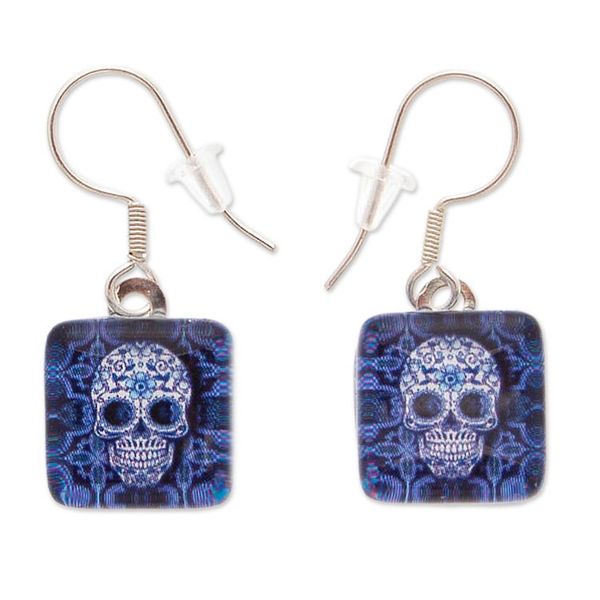 Alternate image for Decoupage on Glass Dangle Earrings with Skull Motif in Blue Petite Stunning Skull