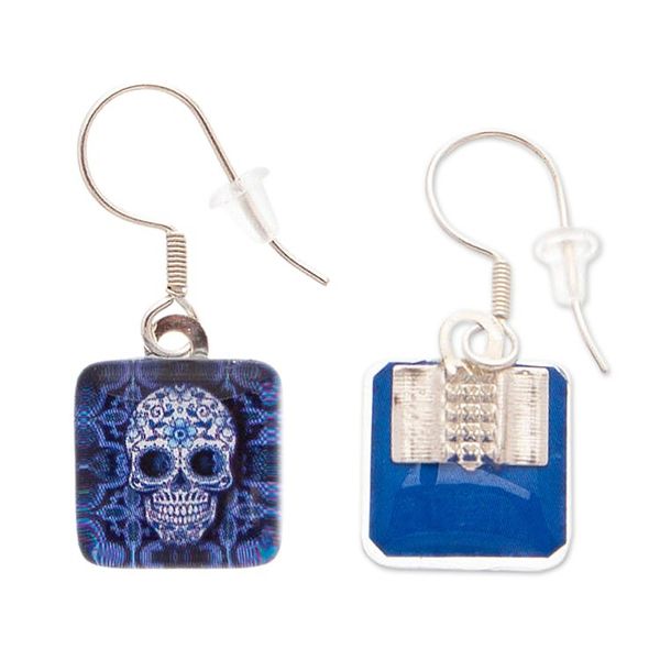 Alternate image for Decoupage on Glass Dangle Earrings with Skull Motif in Blue Petite Stunning Skull