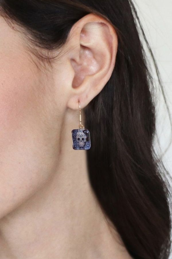 Alternate image for Decoupage on Glass Dangle Earrings with Skull Motif in Blue Petite Stunning Skull