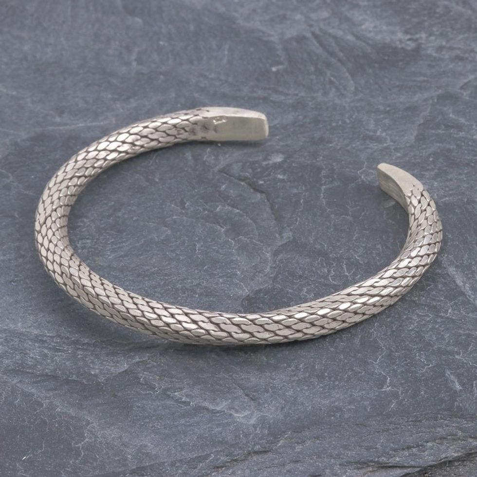 Braided Unisex Sterling Silver Cuff Bracelet from Thailand 'Wise Serpent'