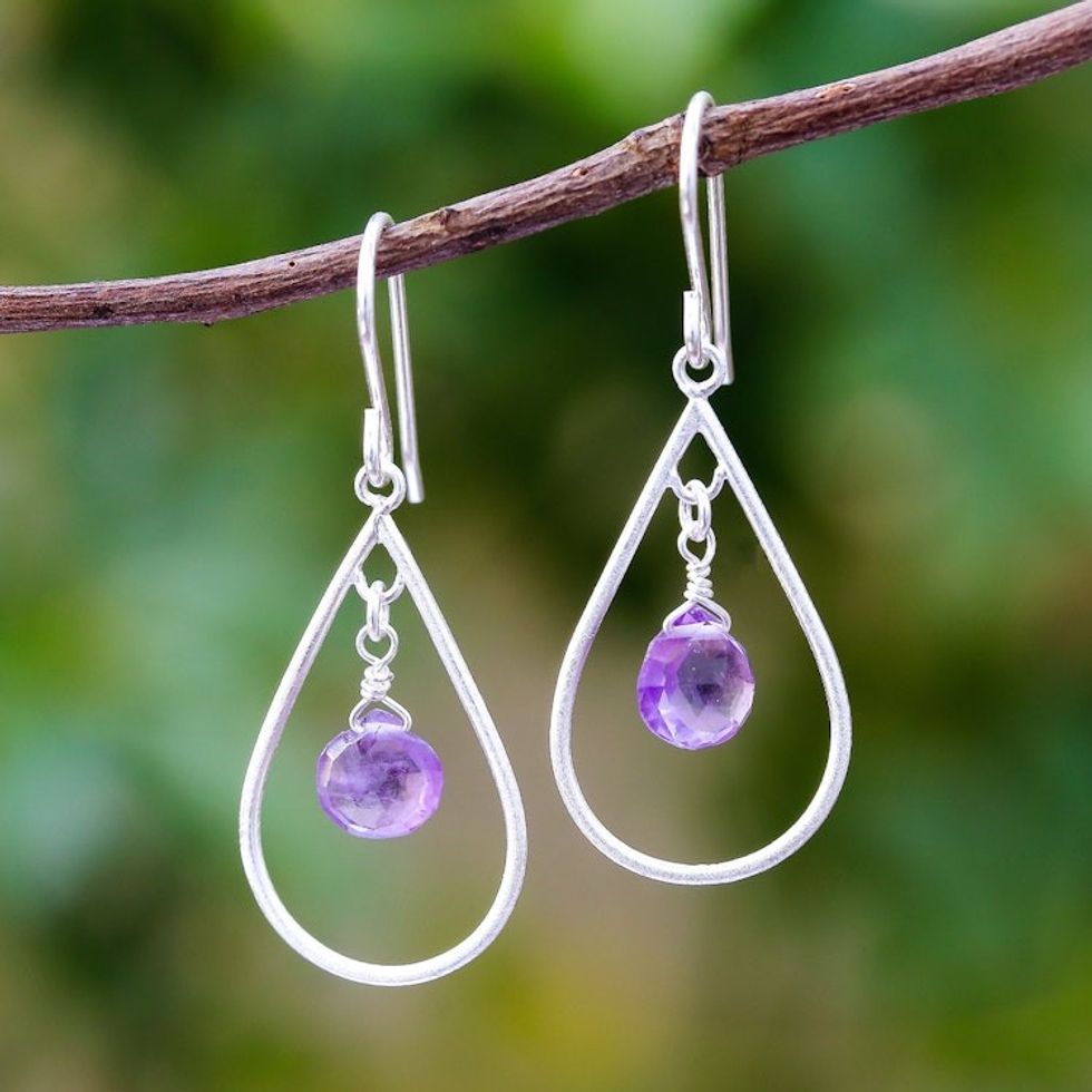 Drop-Shaped Faceted Amethyst Dangle Earrings from Thailand 'Violet Drops'