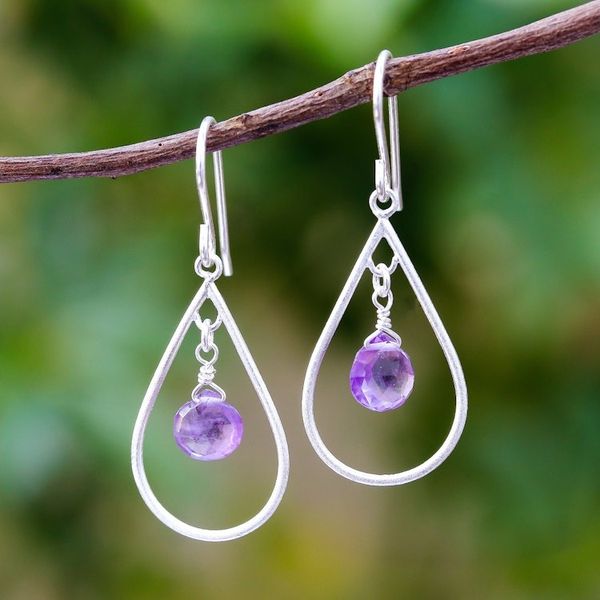 Alternate image for Drop-Shaped Faceted Amethyst Dangle Earrings from Thailand Violet Drops