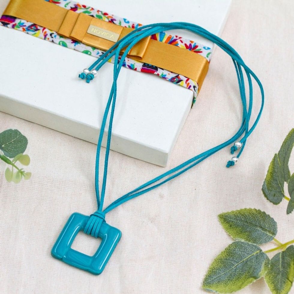 Modern Fused Art Glass Square Pendant Necklace in Teal Shade 'Teal Square'