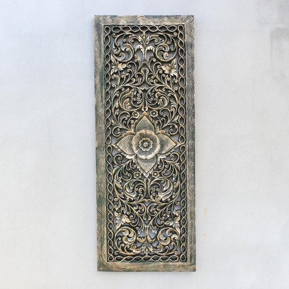 Green Floral Teak Wood Relief Panel from Thailand 'Imperial Blossom'