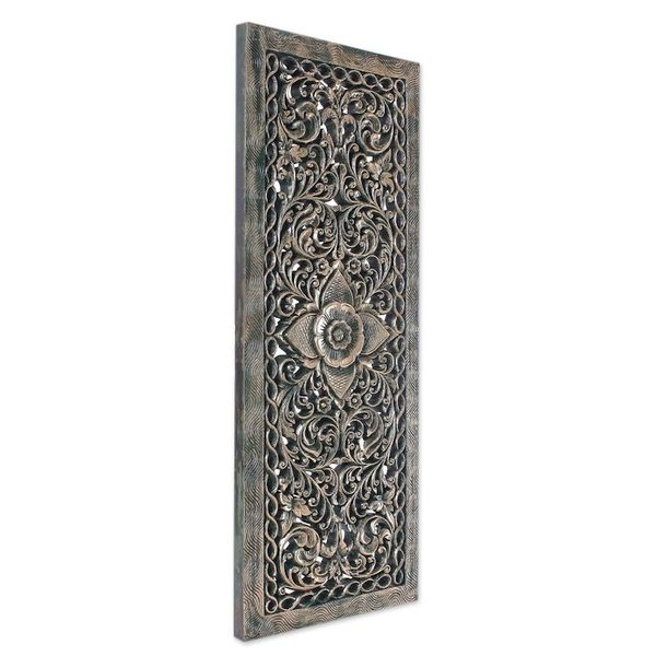 Alternate image for Green Floral Teak Wood Relief Panel from Thailand Imperial Blossom