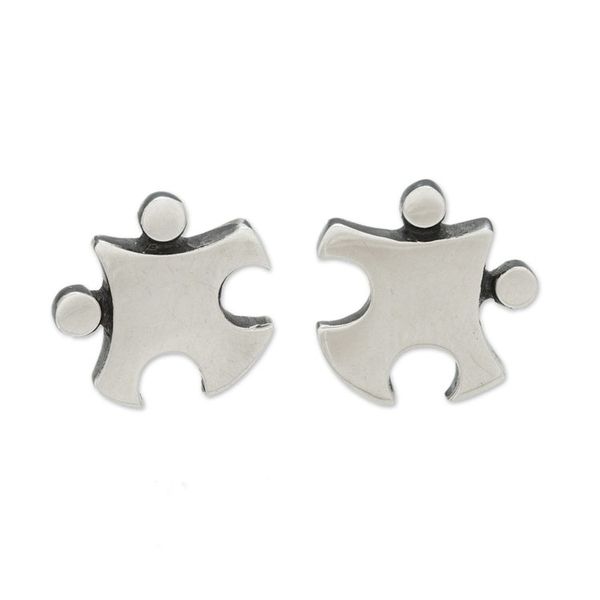 Alternate image for Whimsical Sterling Silver Puzzle Piece Button Earrings Pieces of Finesse
