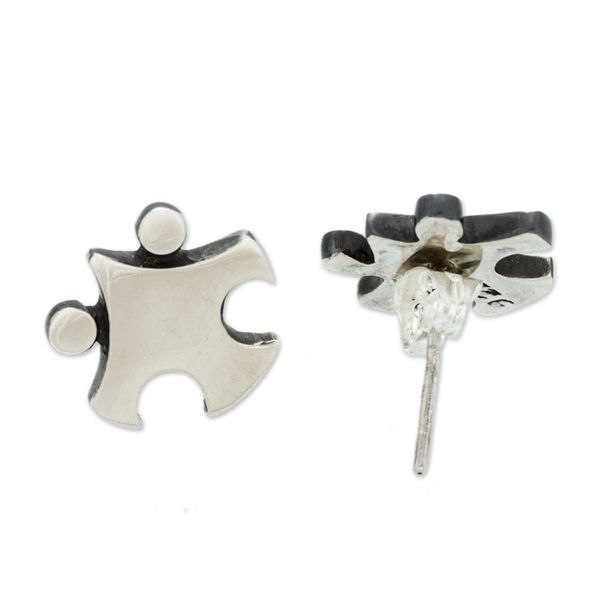 Alternate image for Whimsical Sterling Silver Puzzle Piece Button Earrings Pieces of Finesse