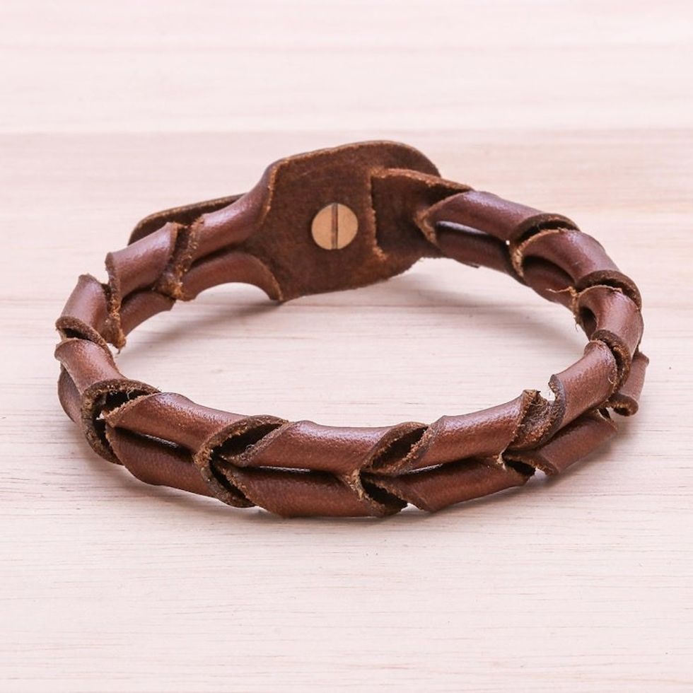 Spiral Pattern Leather Wristband Bracelet from Thailand 'Brown Coil'
