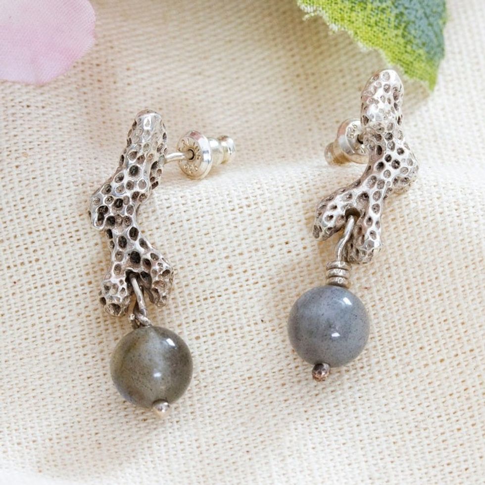 Ocean-Themed Labradorite Coral Dangle Earrings 'New Coral'