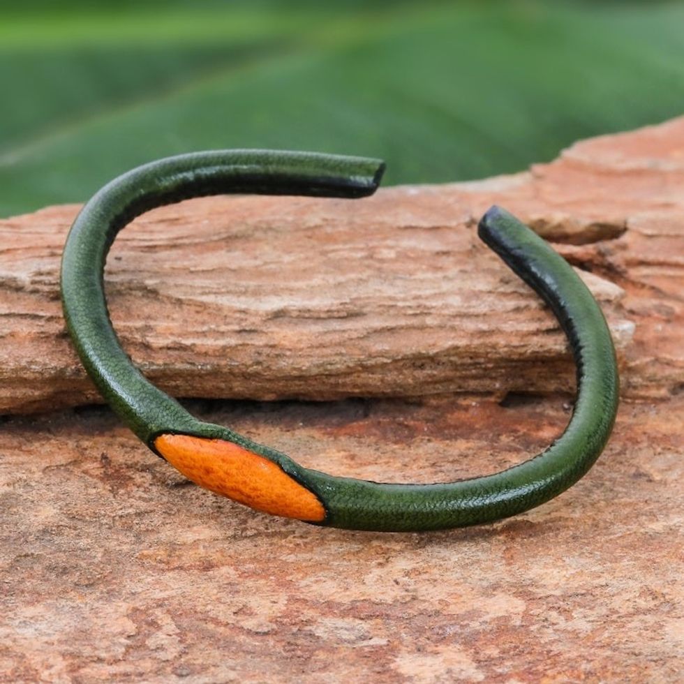 Green and Orange Leather Cuff Bracelet from Thailand 'Green-Orange Eye'
