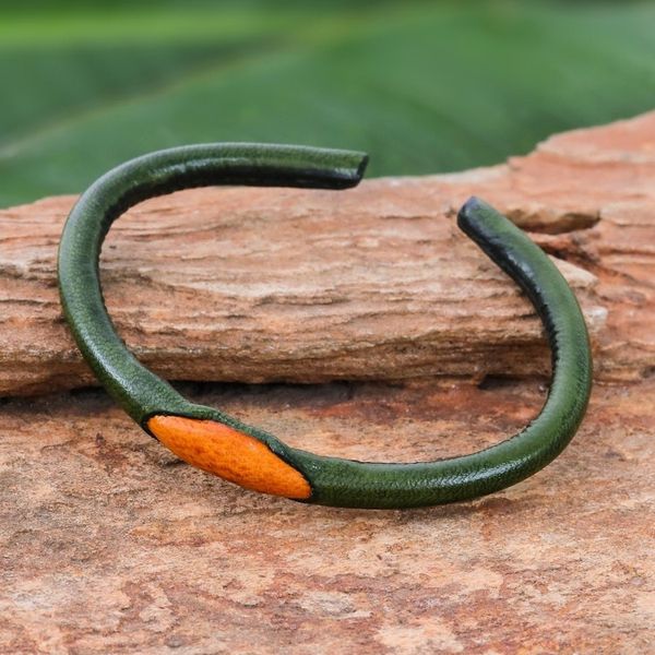 Alternate image for Green and Orange Leather Cuff Bracelet from Thailand Green-Orange Eye