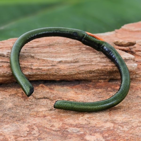 Alternate image for Green and Orange Leather Cuff Bracelet from Thailand Green-Orange Eye