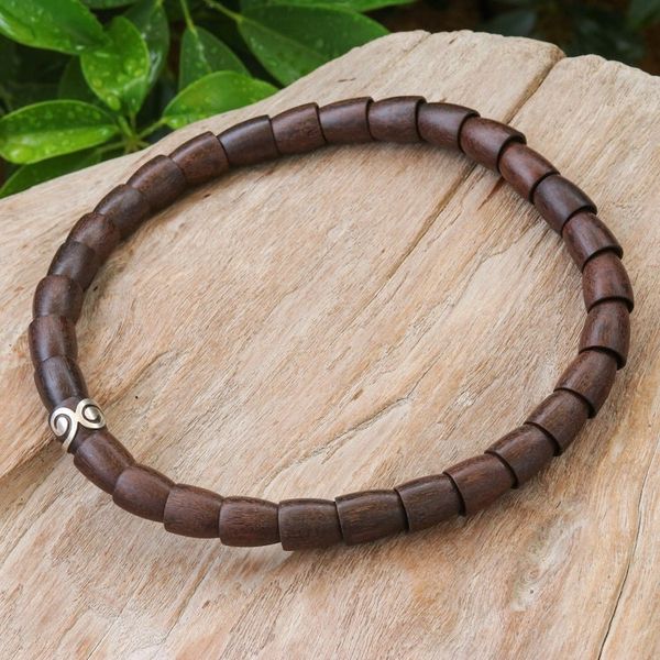Alternate image for Dark Wood and Sterling Silver Beaded Stretch Necklace Dark Spiral Bangle