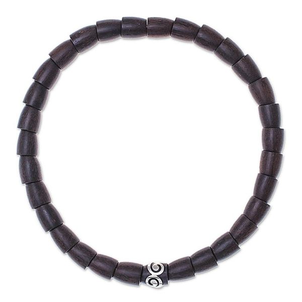Alternate image for Dark Wood and Sterling Silver Beaded Stretch Necklace Dark Spiral Bangle