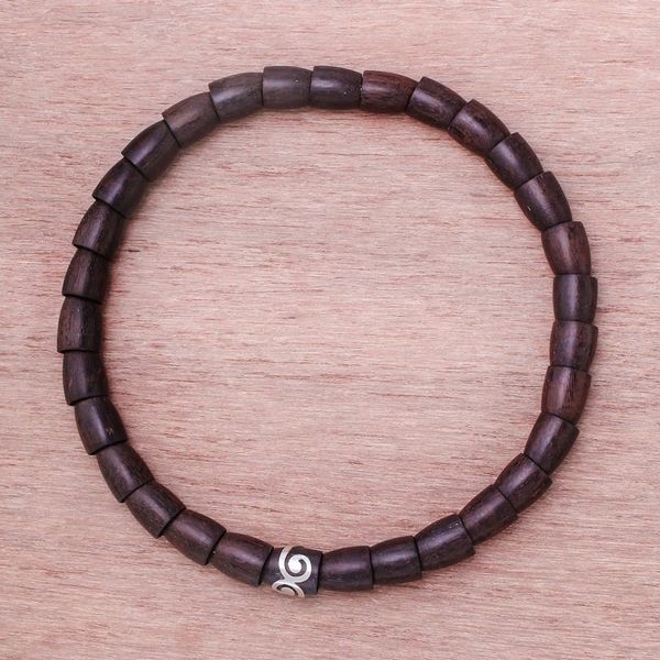 Alternate image for Dark Wood and Sterling Silver Beaded Stretch Necklace Dark Spiral Bangle
