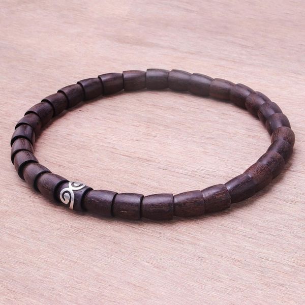 Alternate image for Dark Wood and Sterling Silver Beaded Stretch Necklace Dark Spiral Bangle