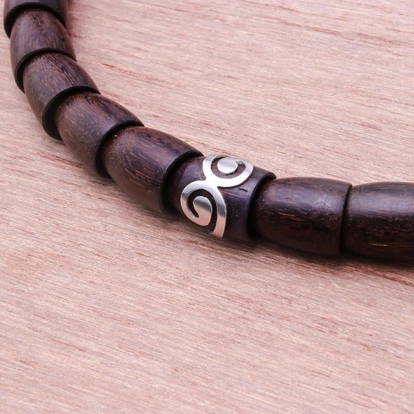Alternate image for Dark Wood and Sterling Silver Beaded Stretch Necklace Dark Spiral Bangle
