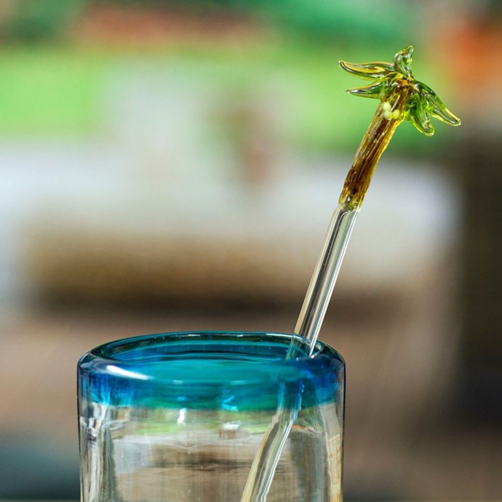 2 Handblown Recycled Glass Palm Tree Themed Drink Stirrers 'Palm Tree Cheers'