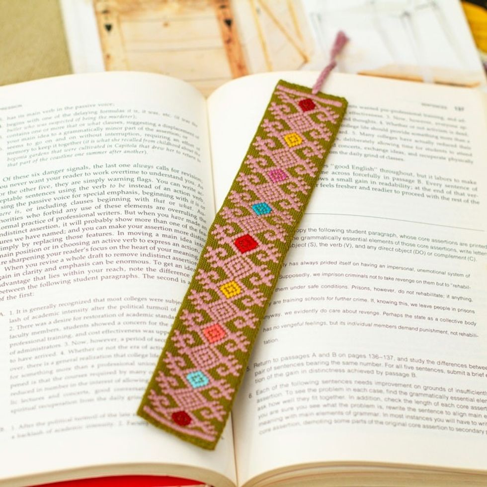 Diamond-Patterned Olive Green and Mauve Cotton Bookmark 'Tale of Heritage'