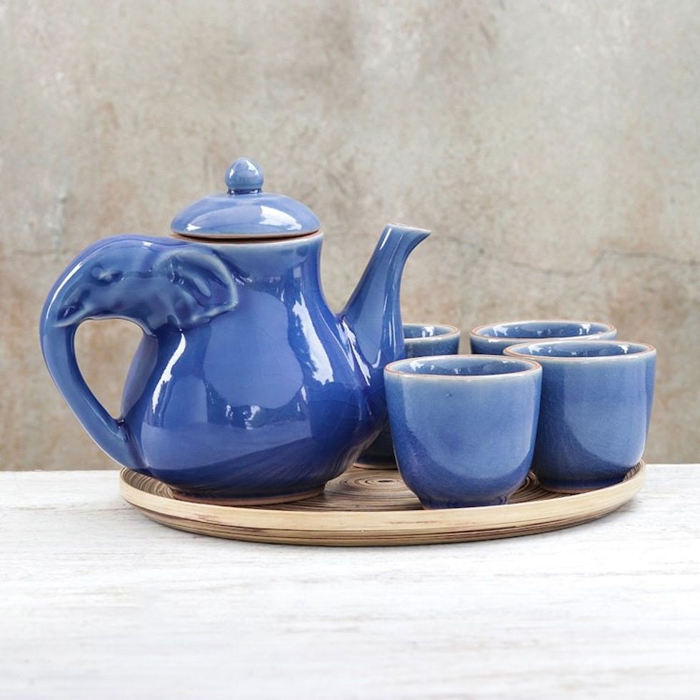 Elephant-Themed Blue Ceramic Tea Set for 4 6 Pieces 'Elephant Gathering'