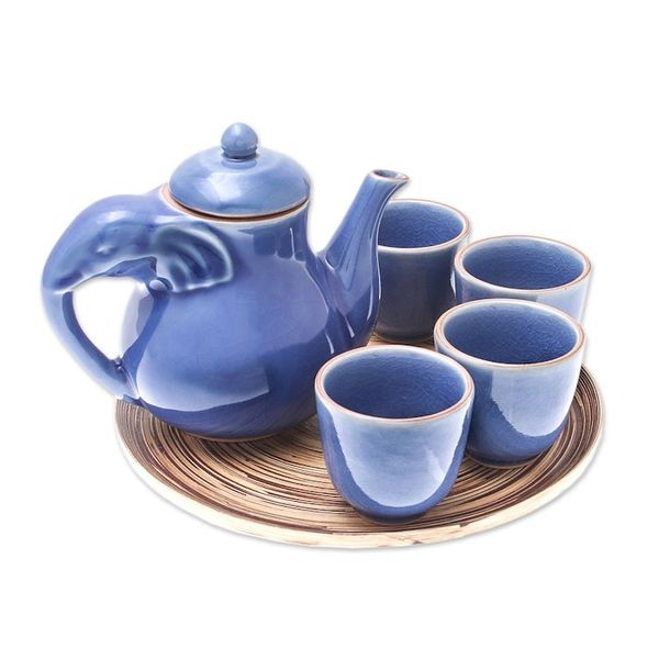 Alternate image for Elephant-Themed Blue Ceramic Tea Set for 4 6 Pieces Elephant Gathering