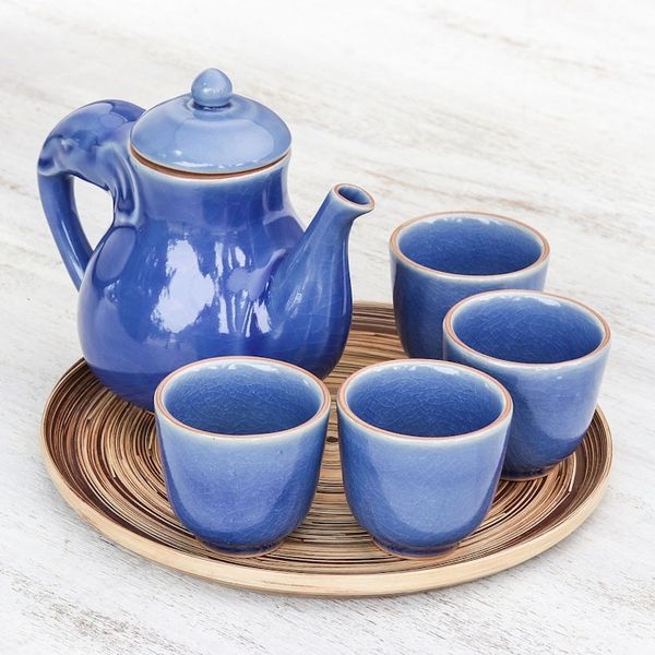 Alternate image for Elephant-Themed Blue Ceramic Tea Set for 4 6 Pieces Elephant Gathering