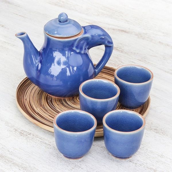 Alternate image for Elephant-Themed Blue Ceramic Tea Set for 4 6 Pieces Elephant Gathering