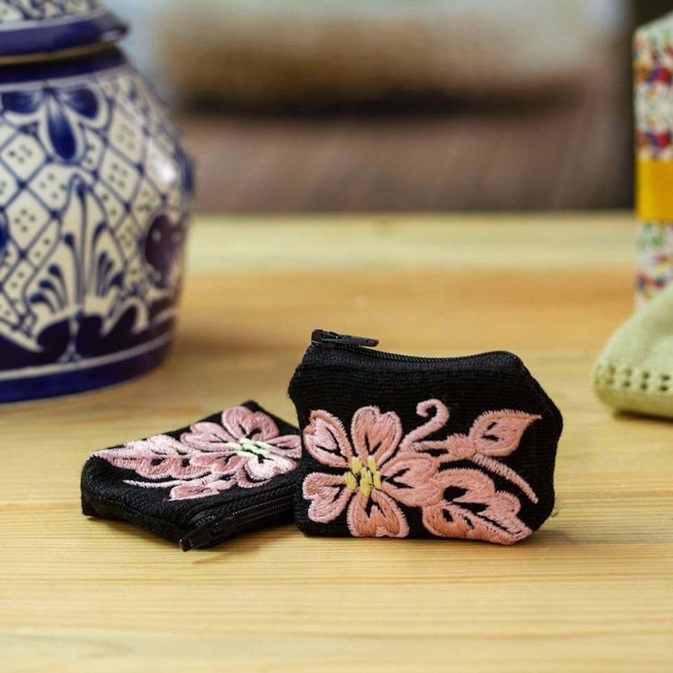 Embroidered Blush Cotton Coin Purse Pair with Floral Theme 'Blush Black Spring'
