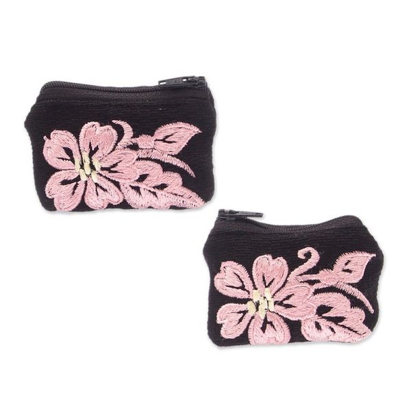 Alternate image for Embroidered Blush Cotton Coin Purse Pair with Floral Theme Blush Black Spring