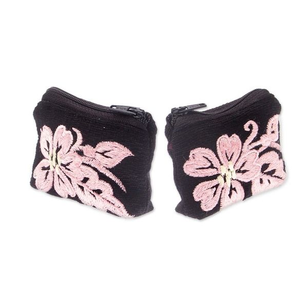 Alternate image for Embroidered Blush Cotton Coin Purse Pair with Floral Theme Blush Black Spring