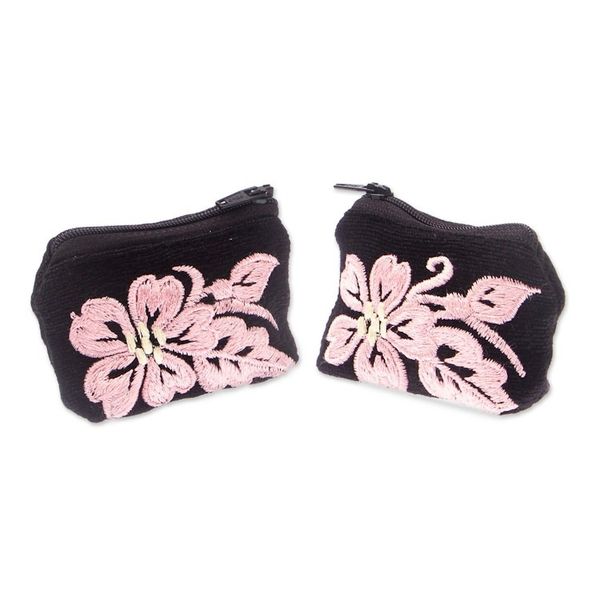 Alternate image for Embroidered Blush Cotton Coin Purse Pair with Floral Theme Blush Black Spring