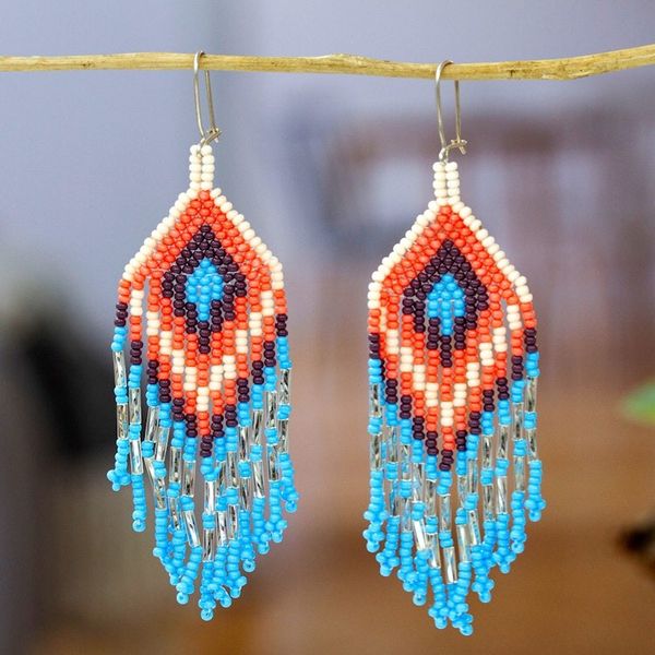 Alternate image for Folk Art Blue and Orange Glass Beaded Waterfall Earrings Cascades of Peace