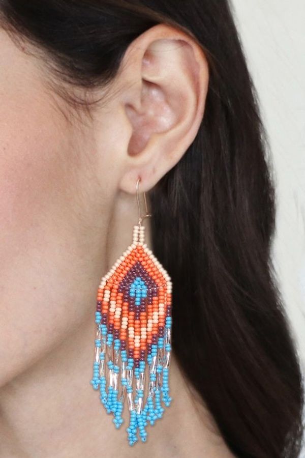 Alternate image for Folk Art Blue and Orange Glass Beaded Waterfall Earrings Cascades of Peace