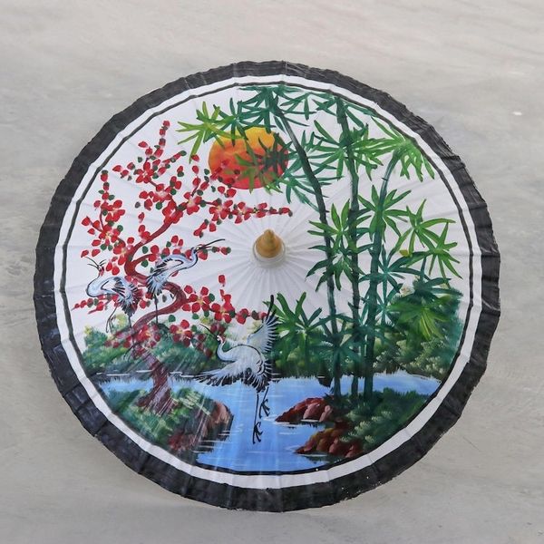 Alternate image for Hand-Painted Parasol with Cranes and Pond Scene Jubilant Cranes