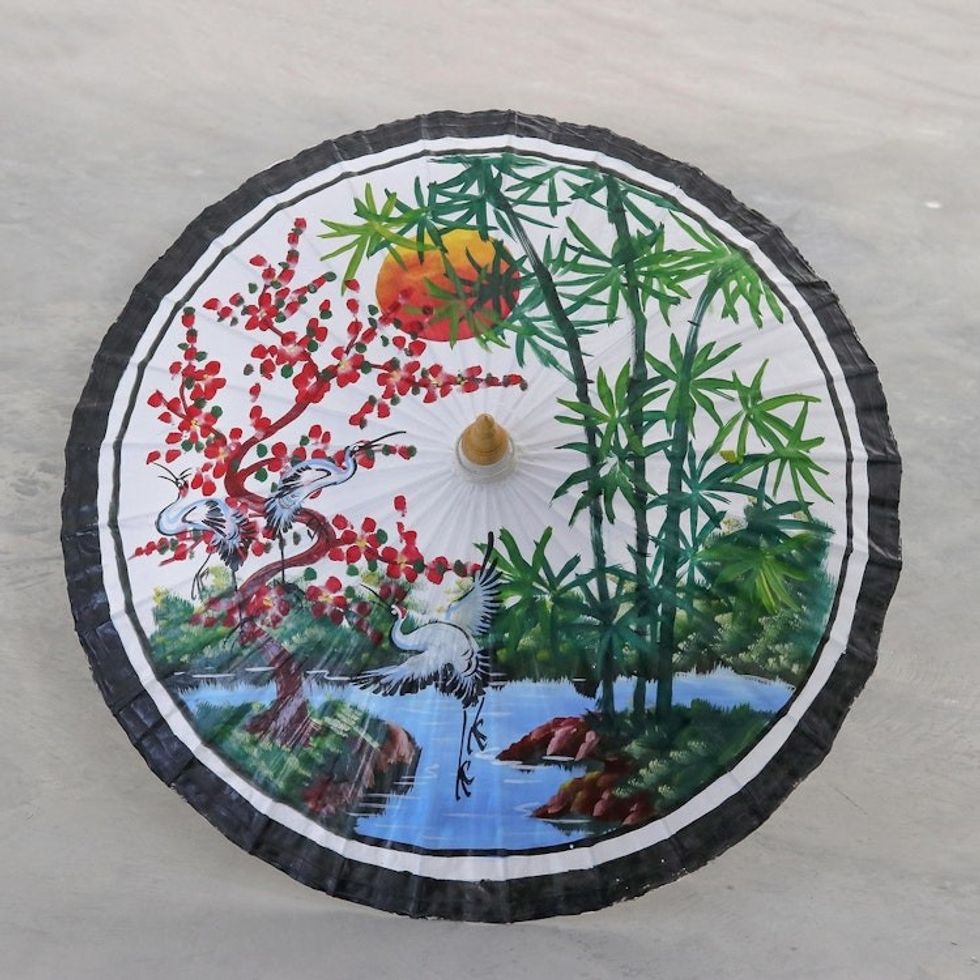 Hand-Painted Parasol with Cranes and Pond Scene 'Jubilant Cranes'