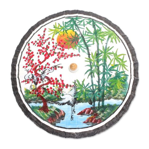 Alternate image for Hand-Painted Parasol with Cranes and Pond Scene Jubilant Cranes