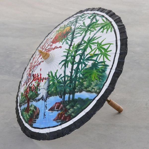 Alternate image for Hand-Painted Parasol with Cranes and Pond Scene Jubilant Cranes
