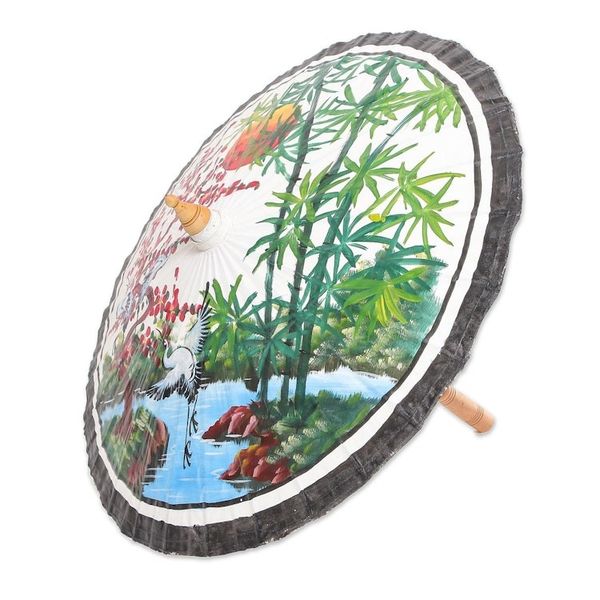 Alternate image for Hand-Painted Parasol with Cranes and Pond Scene Jubilant Cranes