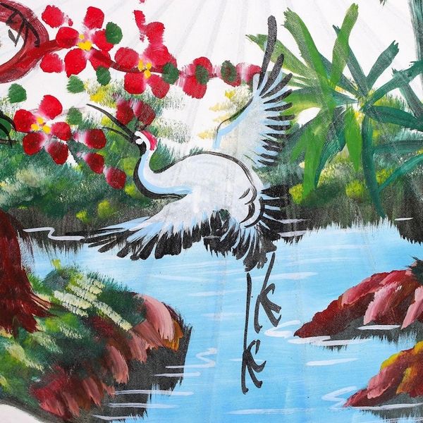 Alternate image for Hand-Painted Parasol with Cranes and Pond Scene Jubilant Cranes