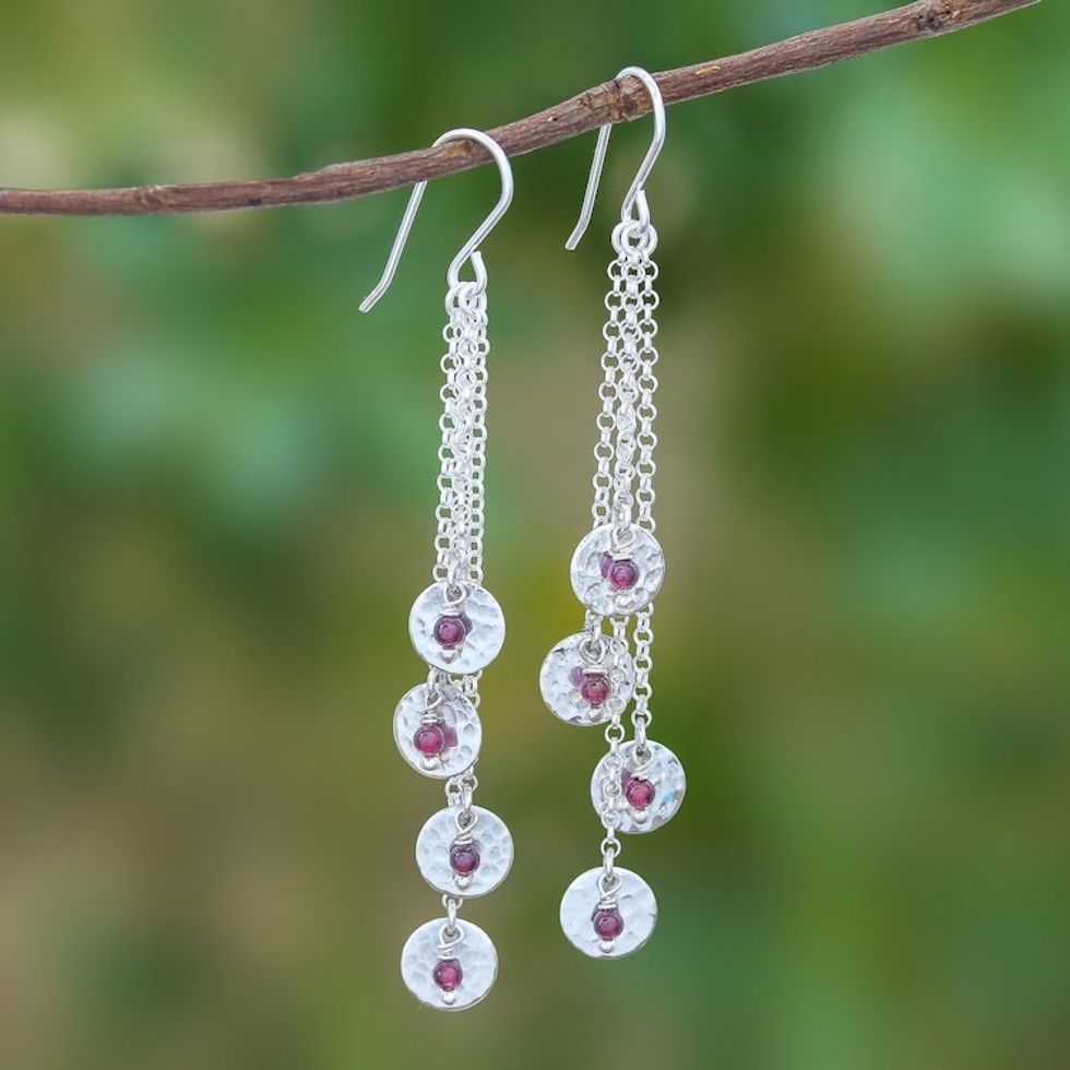 Circle Pattern Modern Garnet Dangle Earrings from Thailand 'Song of Rain'