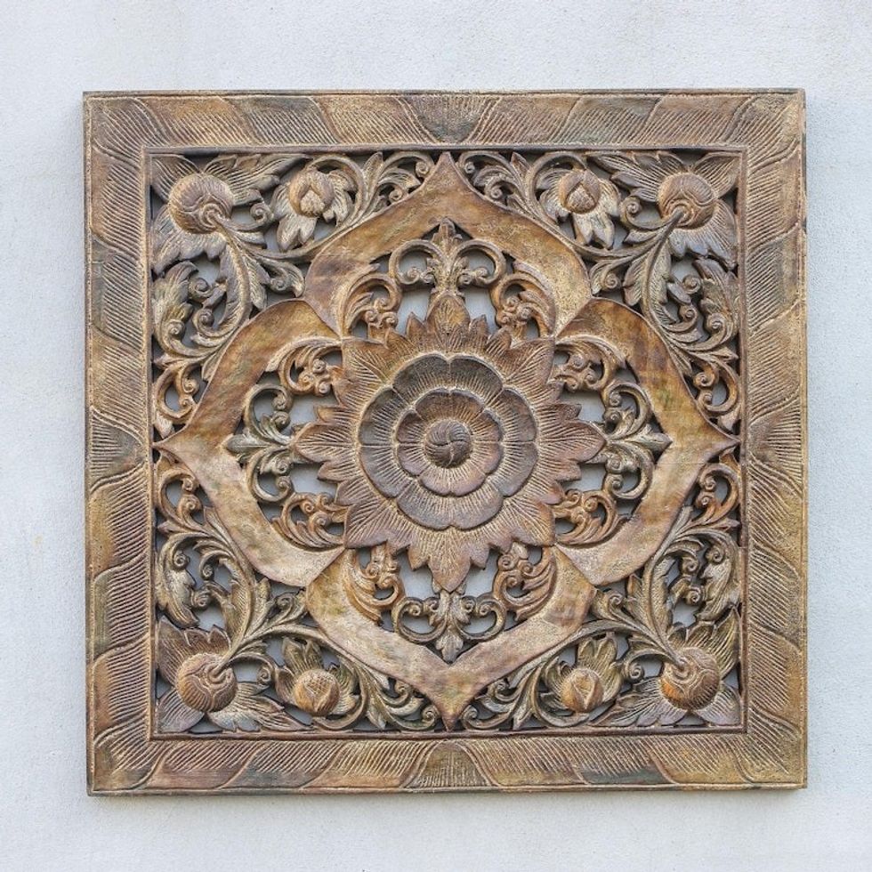 Floral Teak Wood Relief Panel in Rustic Brown from Thailand 'Floral Symmetry'