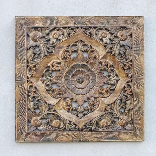 Alternate image for Floral Teak Wood Relief Panel in Rustic Brown from Thailand Floral Symmetry