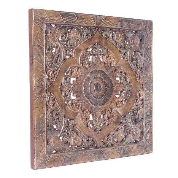 Alternate image for Floral Teak Wood Relief Panel in Rustic Brown from Thailand Floral Symmetry