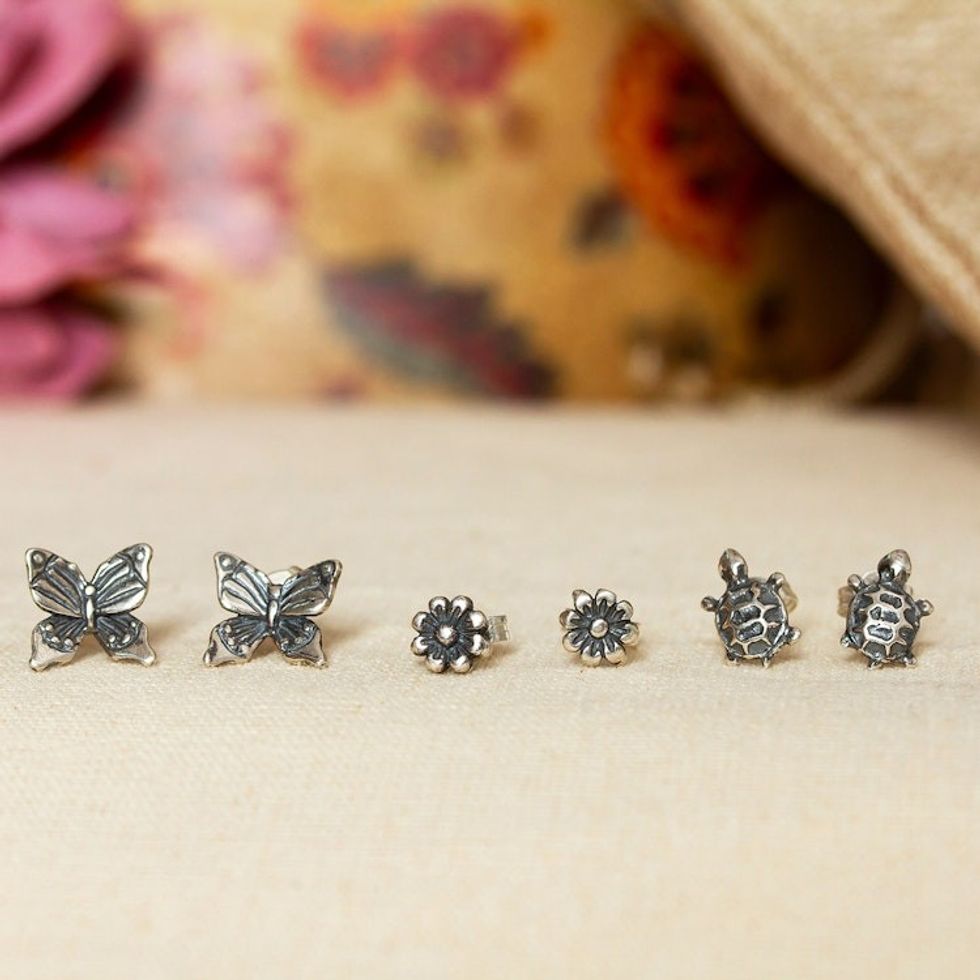 3-Piece Nature-Themed Sterling Silver Stud Earrings Set 'Bucklers of Nature'