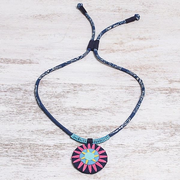 Alternate image for Handcrafted Cotton Pendant Necklace in Pink from Thailand Pink Hmong Sun Medallion