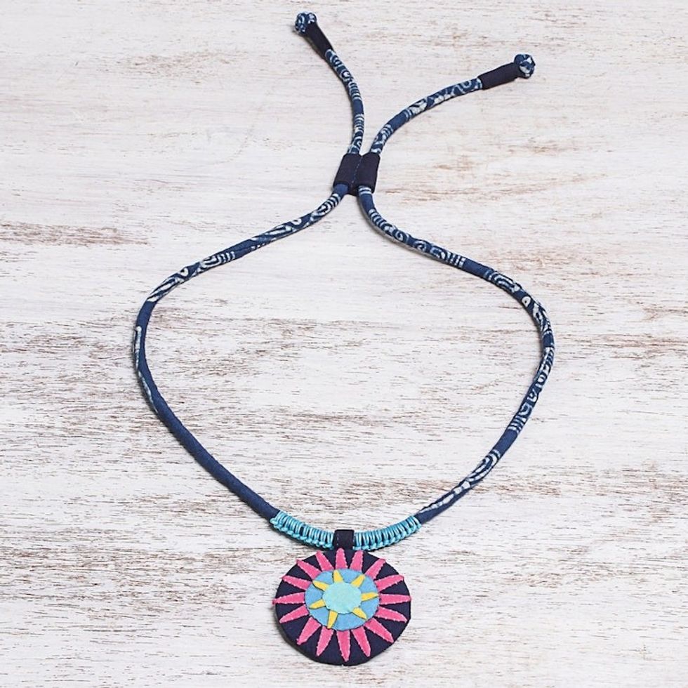 Handcrafted Cotton Pendant Necklace in Pink from Thailand 'Pink Hmong Sun Medallion'