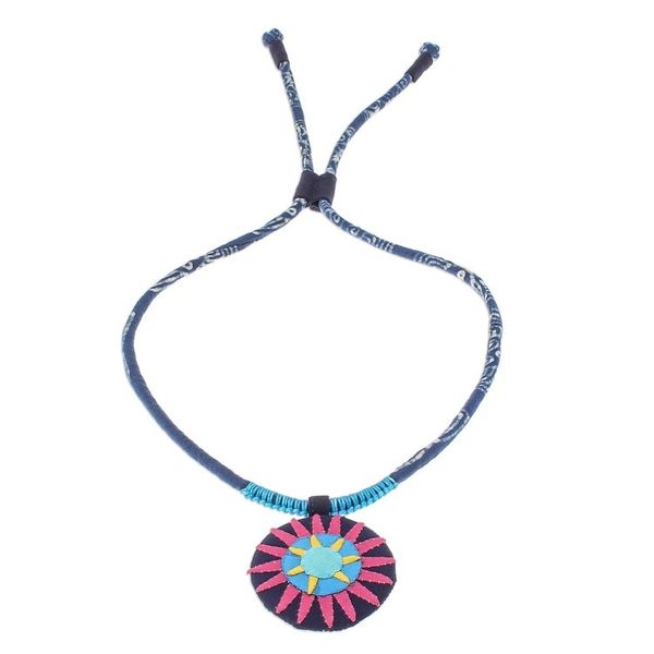 Alternate image for Handcrafted Cotton Pendant Necklace in Pink from Thailand Pink Hmong Sun Medallion