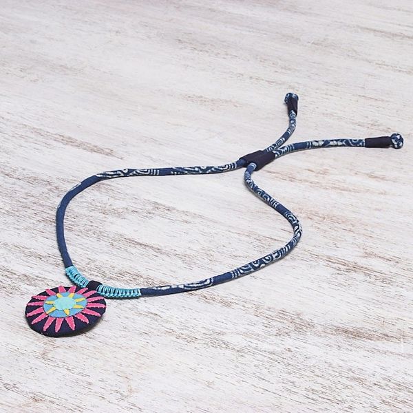 Alternate image for Handcrafted Cotton Pendant Necklace in Pink from Thailand Pink Hmong Sun Medallion