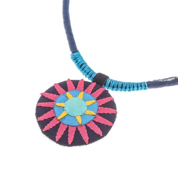 Alternate image for Handcrafted Cotton Pendant Necklace in Pink from Thailand Pink Hmong Sun Medallion
